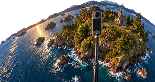 Cámara 360° sobre una isla con su iglesia